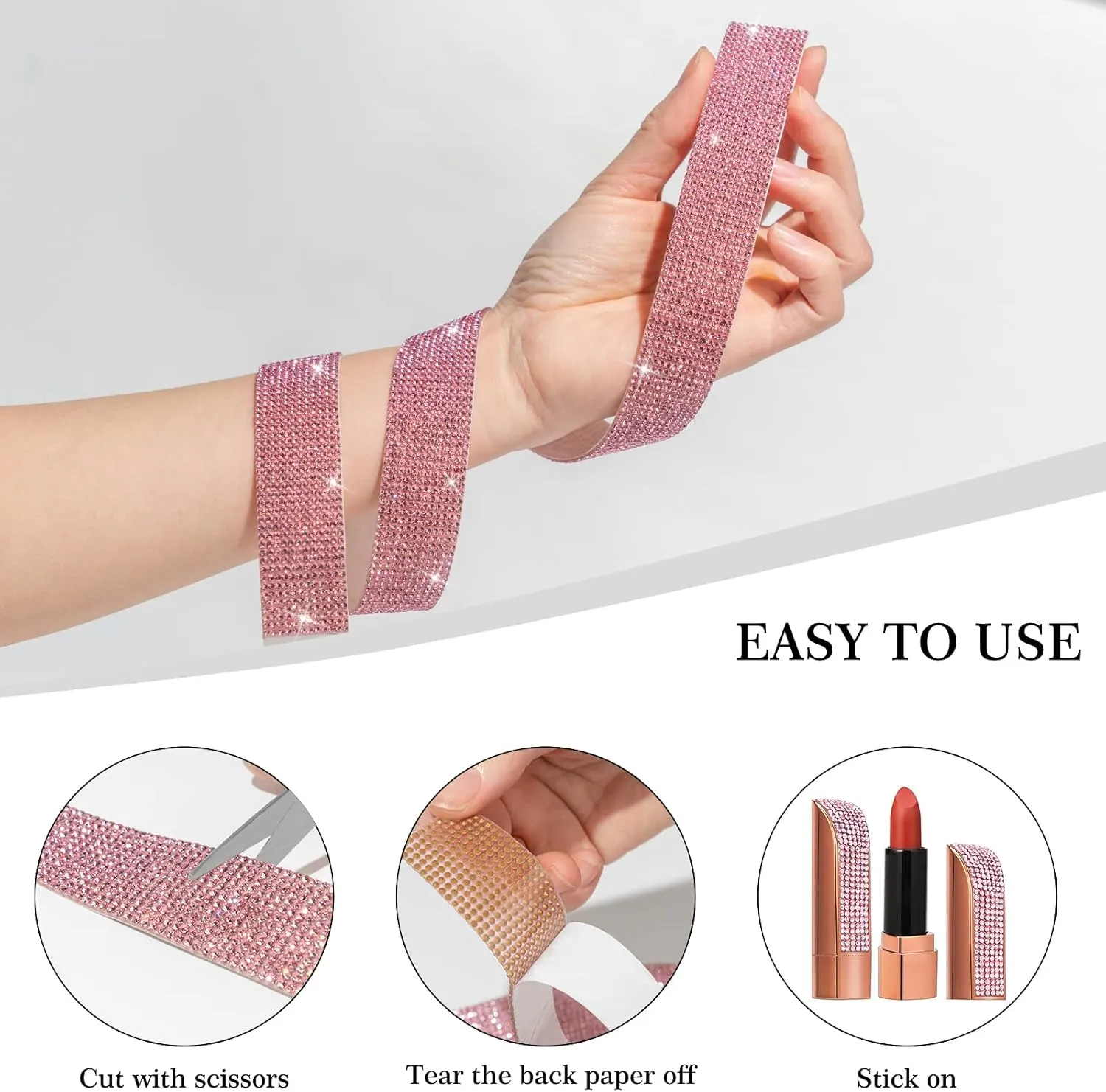 GREAT&LUCKY 3 Rolls 9 Yards Self Adhesive Crystal Rhinestone Diamond Ribbon - Bling Diamond Stickers Wrap Roll for Crafts Art, Rhinestone Strips Tape for Car Phone Decoration(Light Pink)