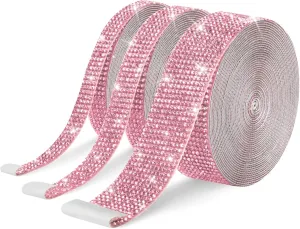 GREAT&LUCKY 3 Rolls 9 Yards Self Adhesive Crystal Rhinestone Diamond Ribbon - Bling Diamond Stickers Wrap Roll for Crafts Art, Rhinestone Strips Tape for Car Phone Decoration(Light Pink)