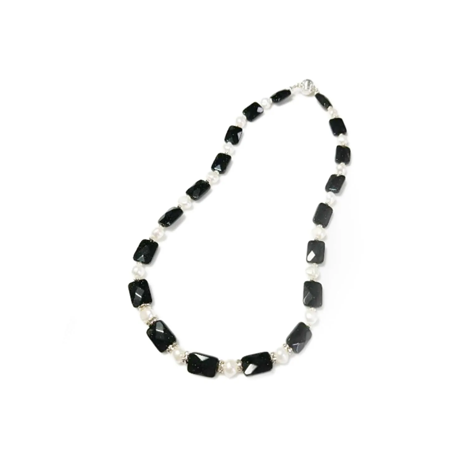 Green Goldstone Necklace, Cultured White Freshwater Pearl Necklace, Glittering Fleck Stones, Magnetic Clasp, 18 Inch Length, Jewelry Inspirations