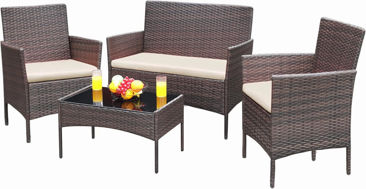 Greesum Patio Furniture 4 Pieces Conversation Sets Outdoor Wicker Rattan Chairs Garden Backyard Balcony Porch Poolside loveseat with Soft Cushion and Glass Table, Brown and Beige
