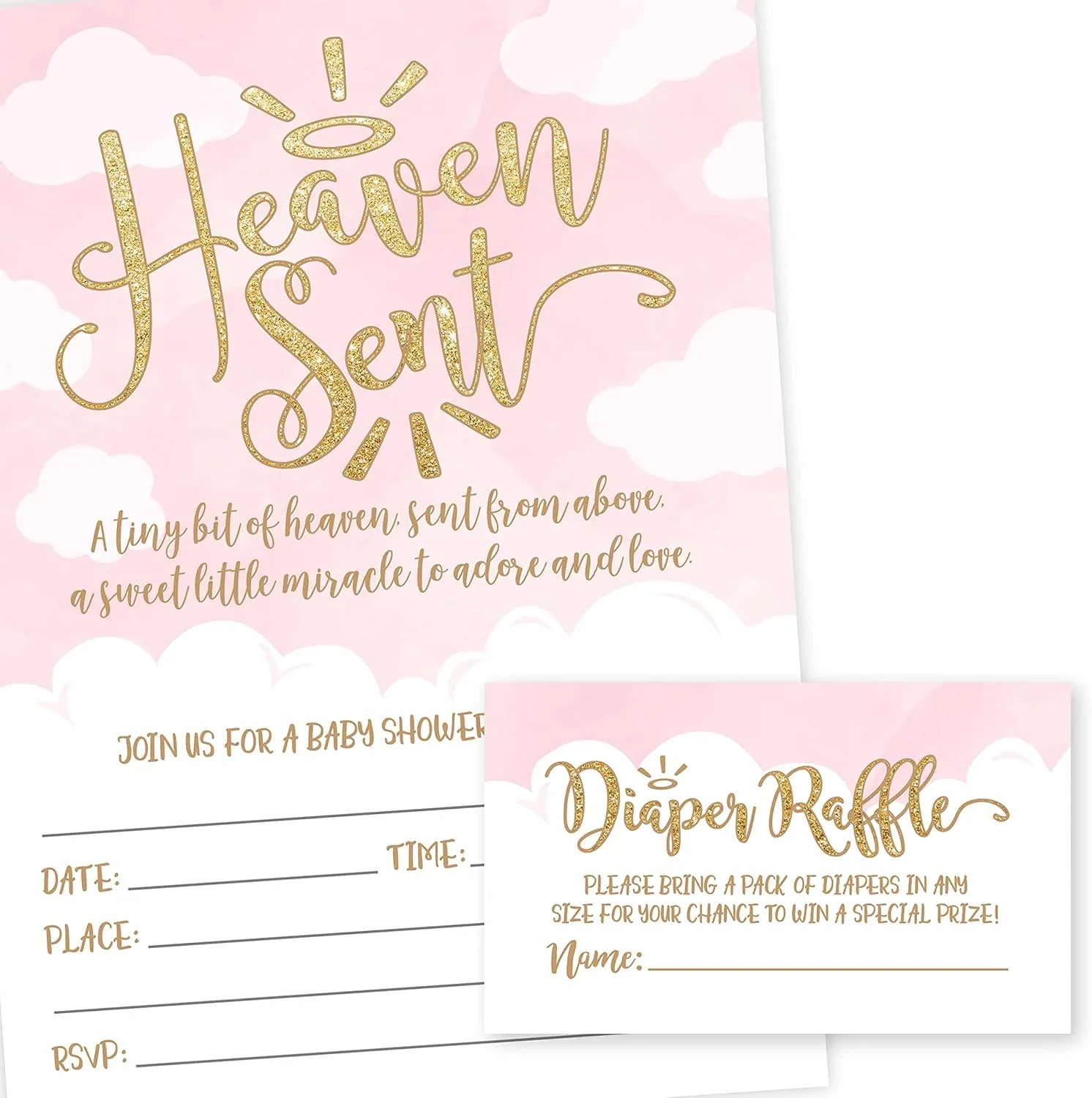 Hadley Designs 25 Heaven Sent Baby Shower Invitations, 25 Diaper Raffle Tickets for Baby Shower Games To Play, Celestial Angel Fill or Write in Card, Diaper Raffle Cards