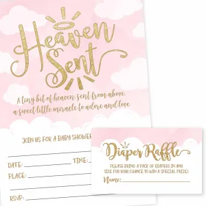 Hadley Designs 25 Heaven Sent Baby Shower Invitations, 25 Diaper Raffle Tickets for Baby Shower Games To Play, Celestial Angel Fill or Write in Card, Diaper Raffle Cards