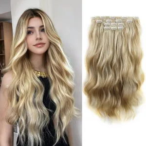 Hair Extensions Clip ins 22 Inch Long Wavy Synthetic Invisible Curly Clip in Extension 4PCS Soft and Natural Hairpieces for Women Daily Wear Beige Blonde