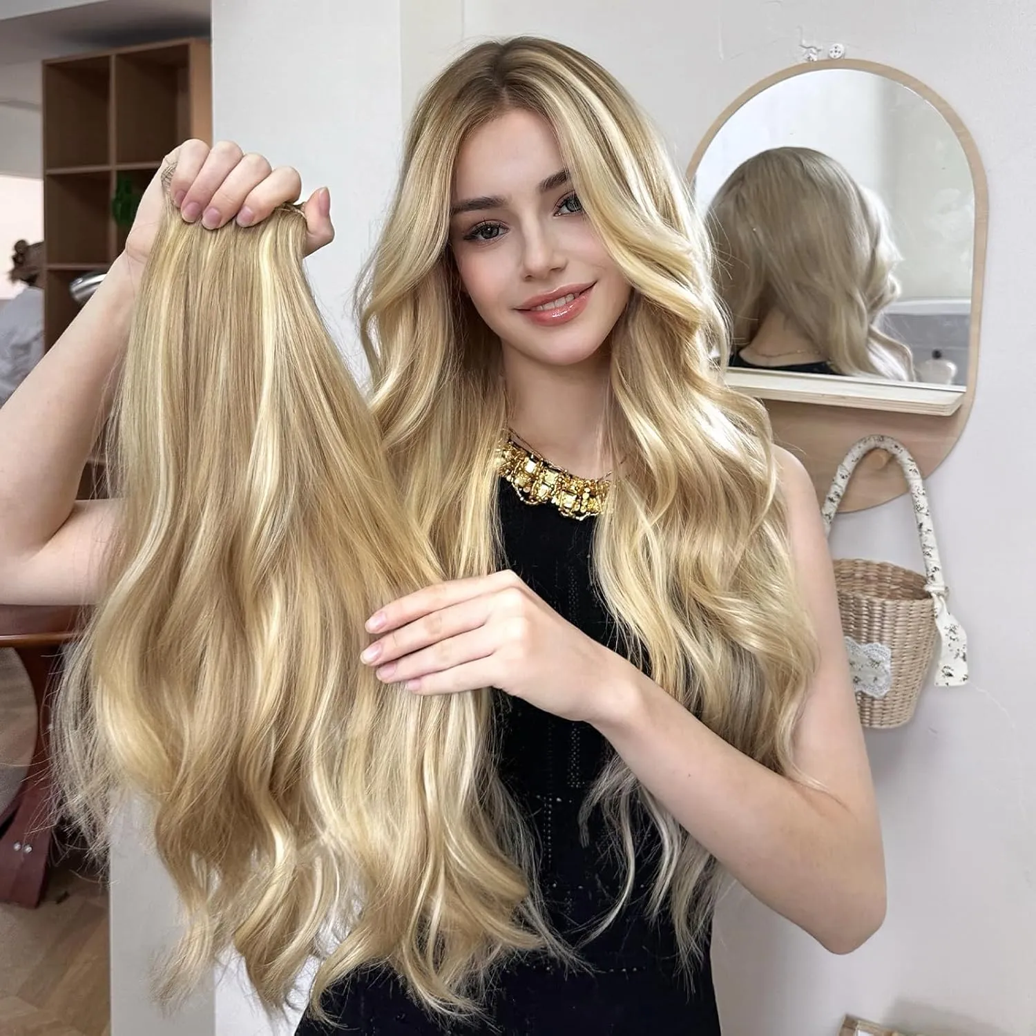 Hair Extensions Clip ins 22 Inch Long Wavy Synthetic Invisible Curly Clip in Extension 4PCS Soft and Natural Hairpieces for Women Daily Wear Beige Blonde