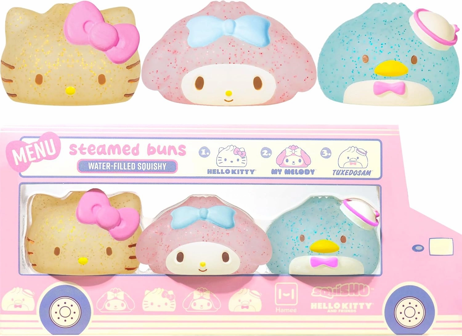 Hamee SquiSHU Sanrio Gold Glitter Steam Bun Squishy [Cute Water Filled Sparkle Sensory Toy] [Soft Squeeze Ball] [Hand Therapy Relaxing] Gift for Kids, Adults - Hello Kitty, My Melody, and Tuxedosam