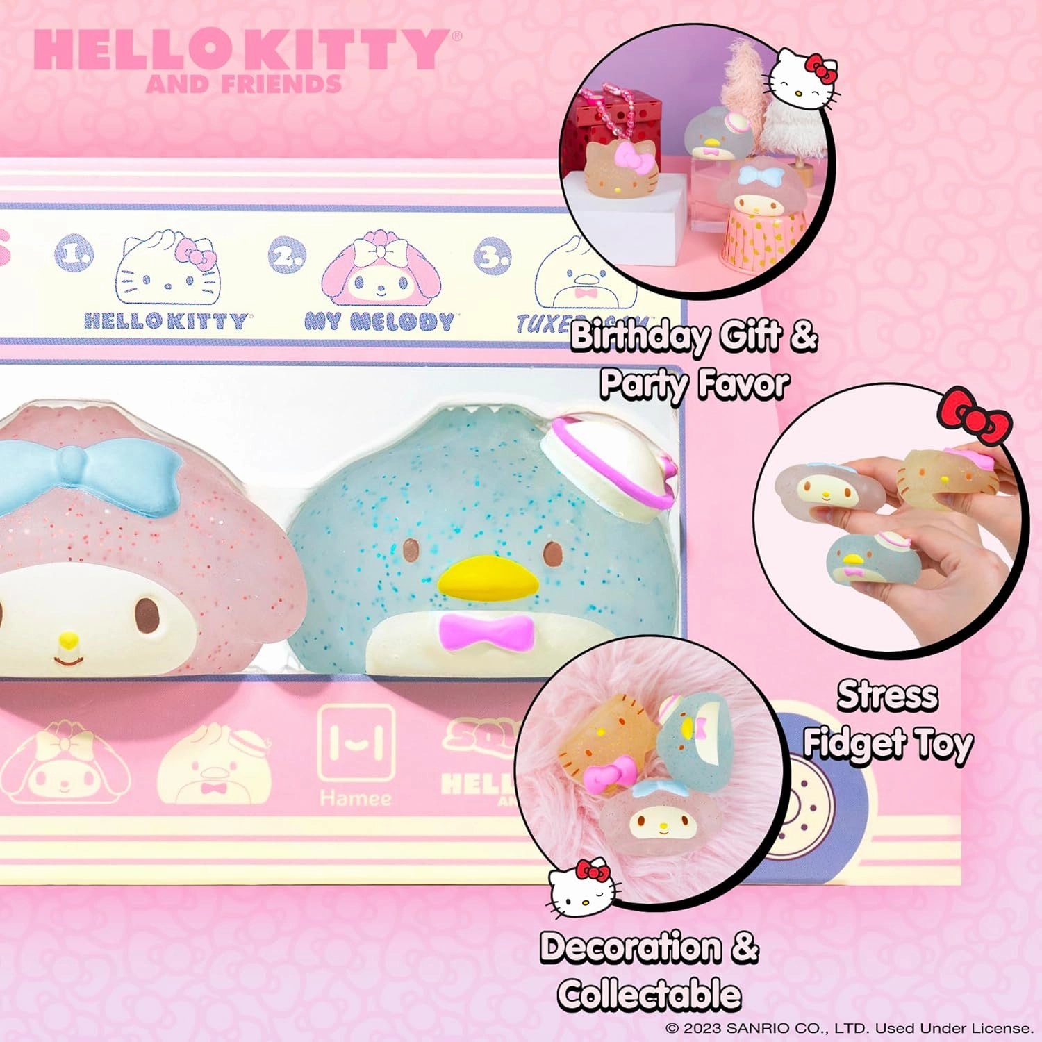 Hamee SquiSHU Sanrio Gold Glitter Steam Bun Squishy [Cute Water Filled Sparkle Sensory Toy] [Soft Squeeze Ball] [Hand Therapy Relaxing] Gift for Kids, Adults - Hello Kitty, My Melody, and Tuxedosam