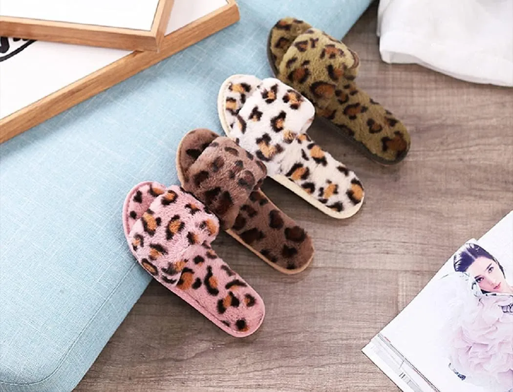 HANDKEI Winter women's furry fur slippers open-toed home leopard print slippers soft flat non-slip slippers