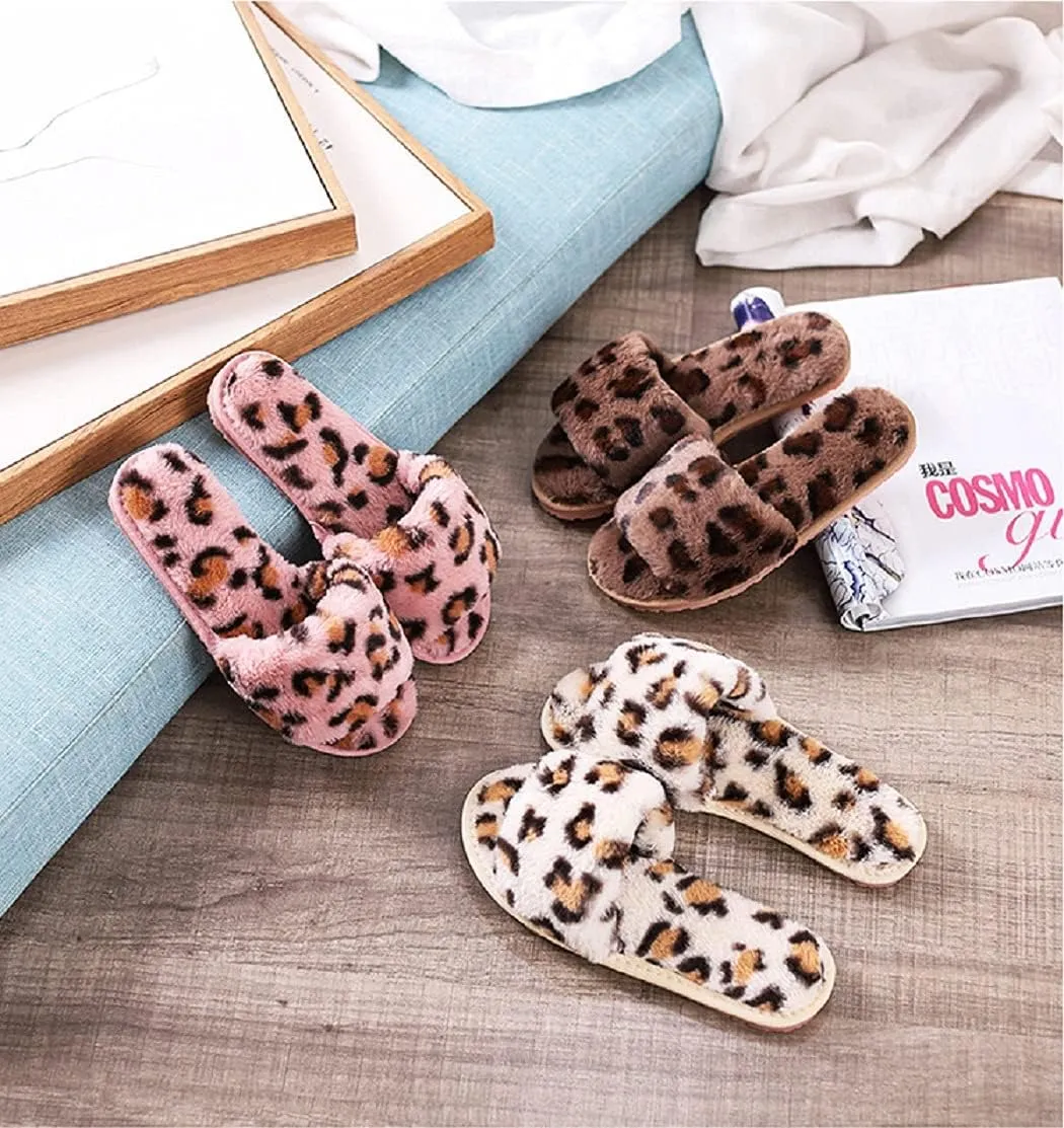 HANDKEI Winter women's furry fur slippers open-toed home leopard print slippers soft flat non-slip slippers