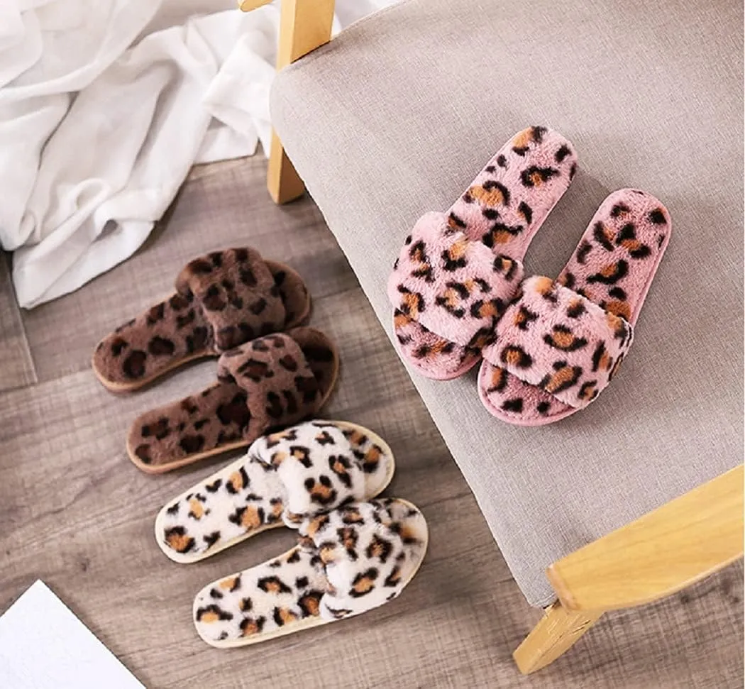 HANDKEI Winter women's furry fur slippers open-toed home leopard print slippers soft flat non-slip slippers