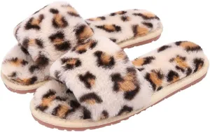 HANDKEI Winter women's furry fur slippers open-toed home leopard print slippers soft flat non-slip slippers