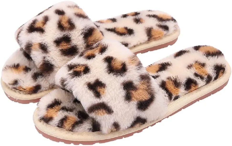 HANDKEI Winter women's furry fur slippers open-toed home leopard print slippers soft flat non-slip slippers