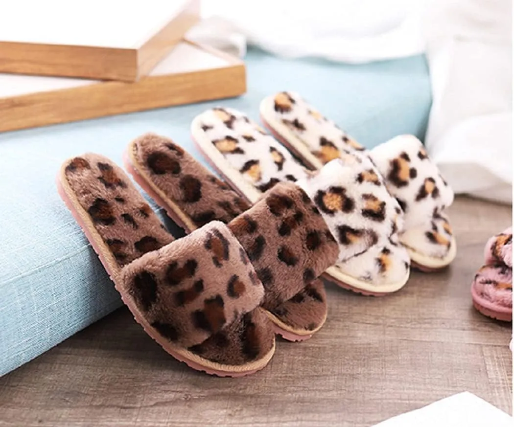 HANDKEI Winter women's furry fur slippers open-toed home leopard print slippers soft flat non-slip slippers