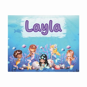 Handmade Personalized Mermaid Child Name Puzzle, Pink Purple Glitter Ocean Dolphin Summer Sea Jigsaw Game, Custom Kid Birthday Beach Girl Explore Unicorn Castle Clown Fish