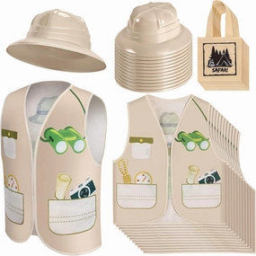 Haysandy 36 Pcs Explorer Costume Set Include Plastic Explorer Hats Jungle Party Vest Safari Tote Bag for Kids Outdoor Activity Jungle Costume Party Supplies Favors Halloween Birthday
