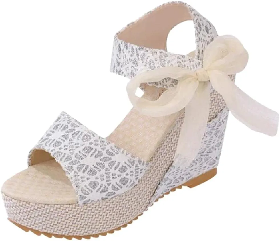 Hbeylia Espadrille Wedge Sandals for Women,Ladies Lace Peep Toe Platform Buckle Strap Chunky High Heeled Arch Support Sandals for Wedding Dress