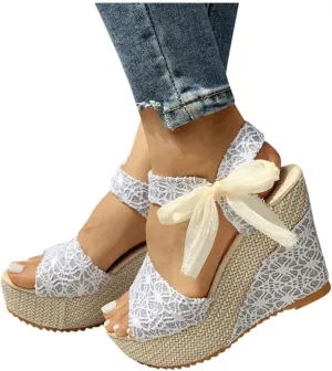Hbeylia Espadrille Wedge Sandals for Women,Ladies Lace Peep Toe Platform Buckle Strap Chunky High Heeled Arch Support Sandals for Wedding Dress