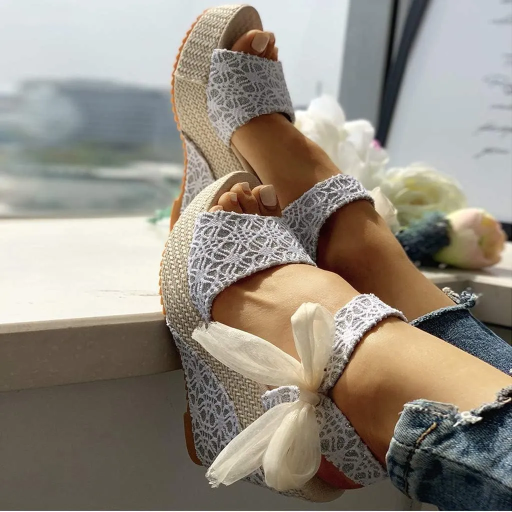 Hbeylia Espadrille Wedge Sandals for Women,Ladies Lace Peep Toe Platform Buckle Strap Chunky High Heeled Arch Support Sandals for Wedding Dress