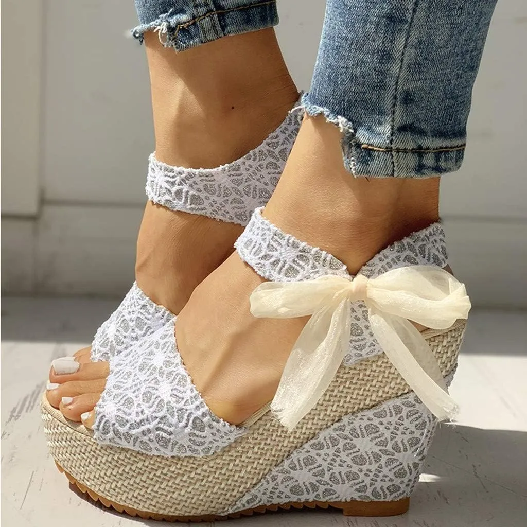 Hbeylia Espadrille Wedge Sandals for Women,Ladies Lace Peep Toe Platform Buckle Strap Chunky High Heeled Arch Support Sandals for Wedding Dress