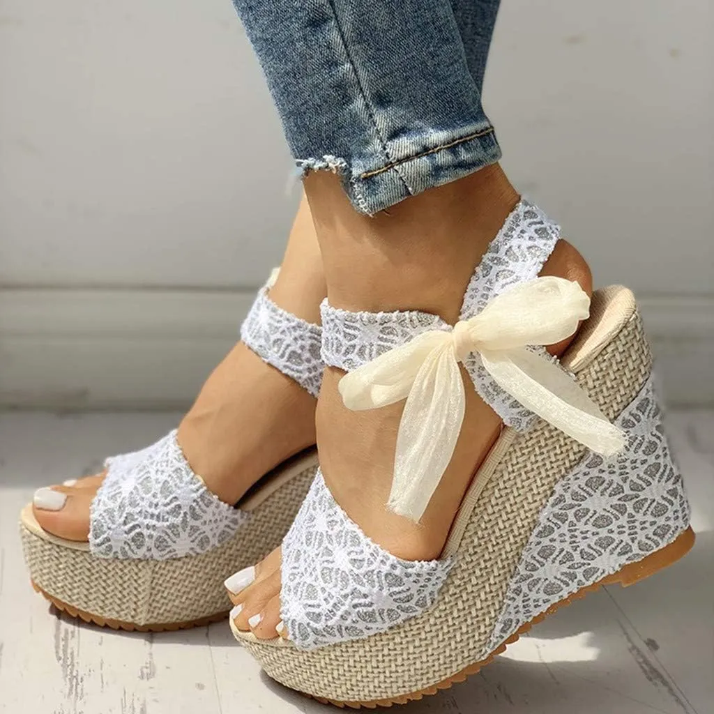 Hbeylia Espadrille Wedge Sandals for Women,Ladies Lace Peep Toe Platform Buckle Strap Chunky High Heeled Arch Support Sandals for Wedding Dress