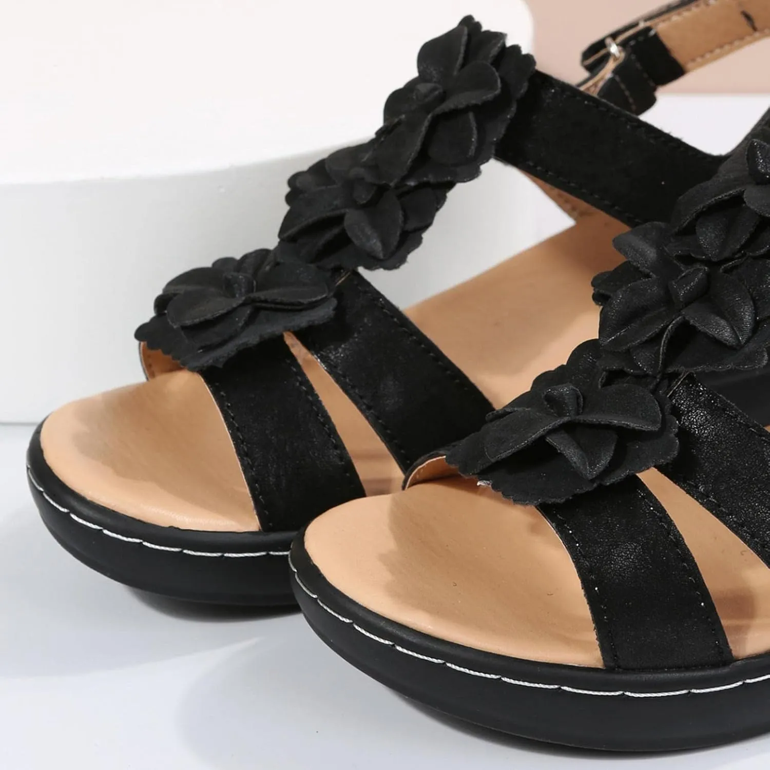 Hbeylia Sandals with Arch Support Wide Width,Womens Open Toe Platform Wedge Buckle Strap Sandals Summer Breathble Platform Flat Low Heel Dress Shoes Casual Sandal