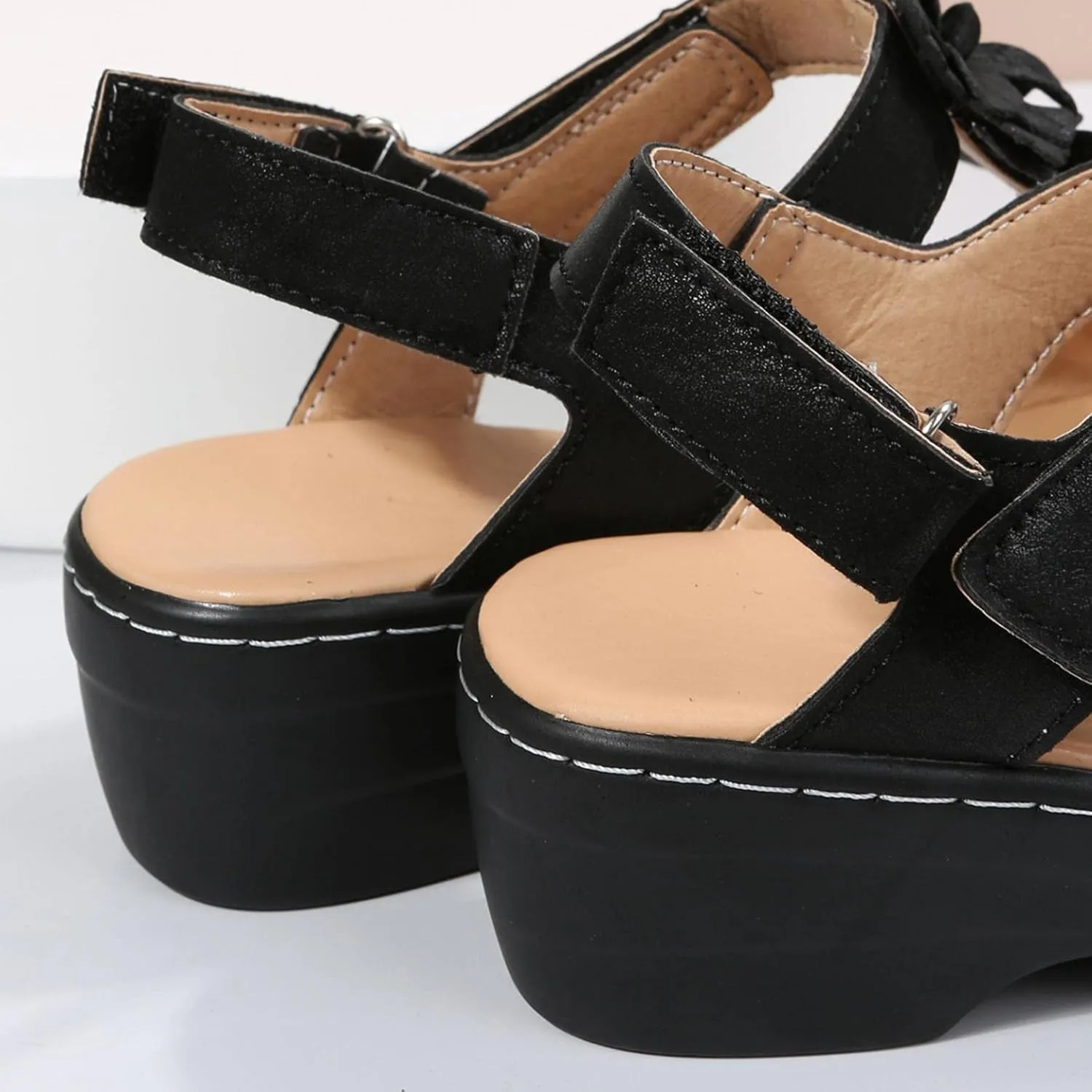 Hbeylia Sandals with Arch Support Wide Width,Womens Open Toe Platform Wedge Buckle Strap Sandals Summer Breathble Platform Flat Low Heel Dress Shoes Casual Sandal