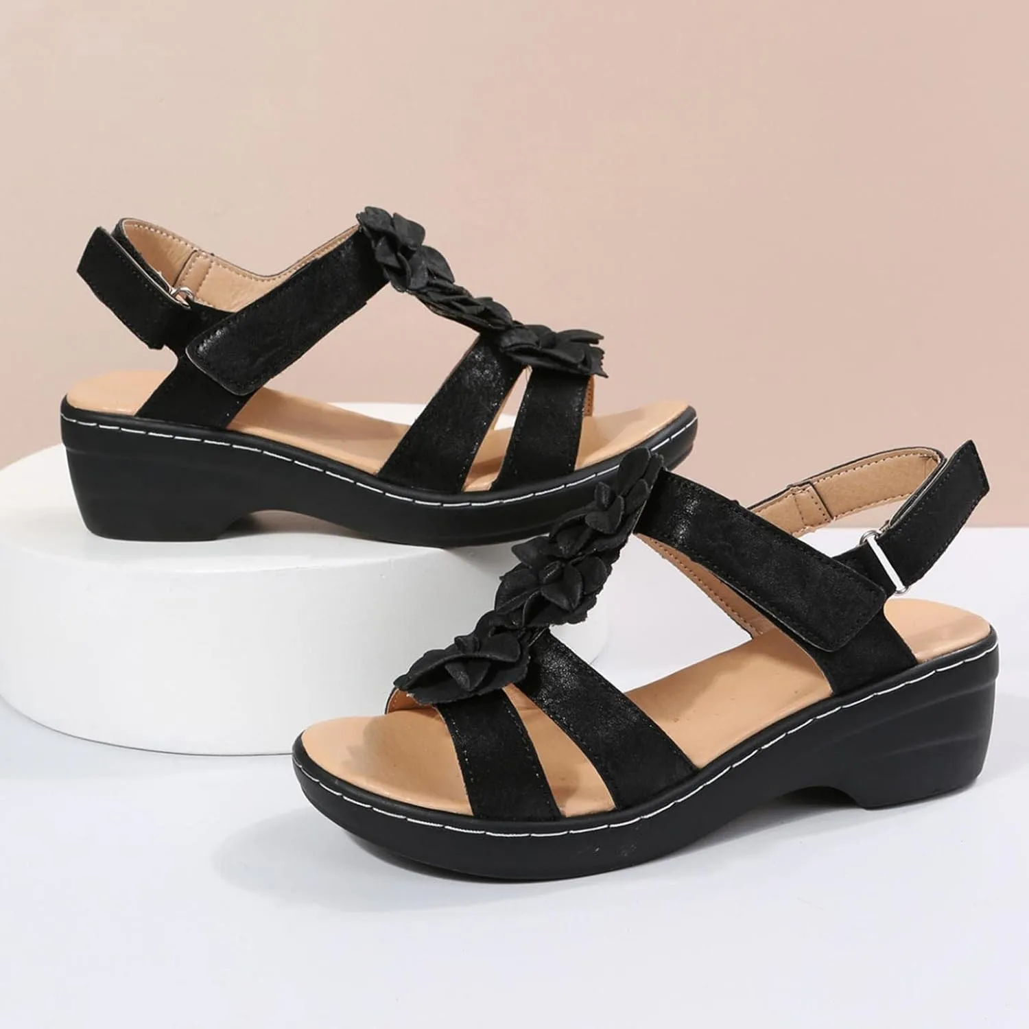 Hbeylia Sandals with Arch Support Wide Width,Womens Open Toe Platform Wedge Buckle Strap Sandals Summer Breathble Platform Flat Low Heel Dress Shoes Casual Sandal