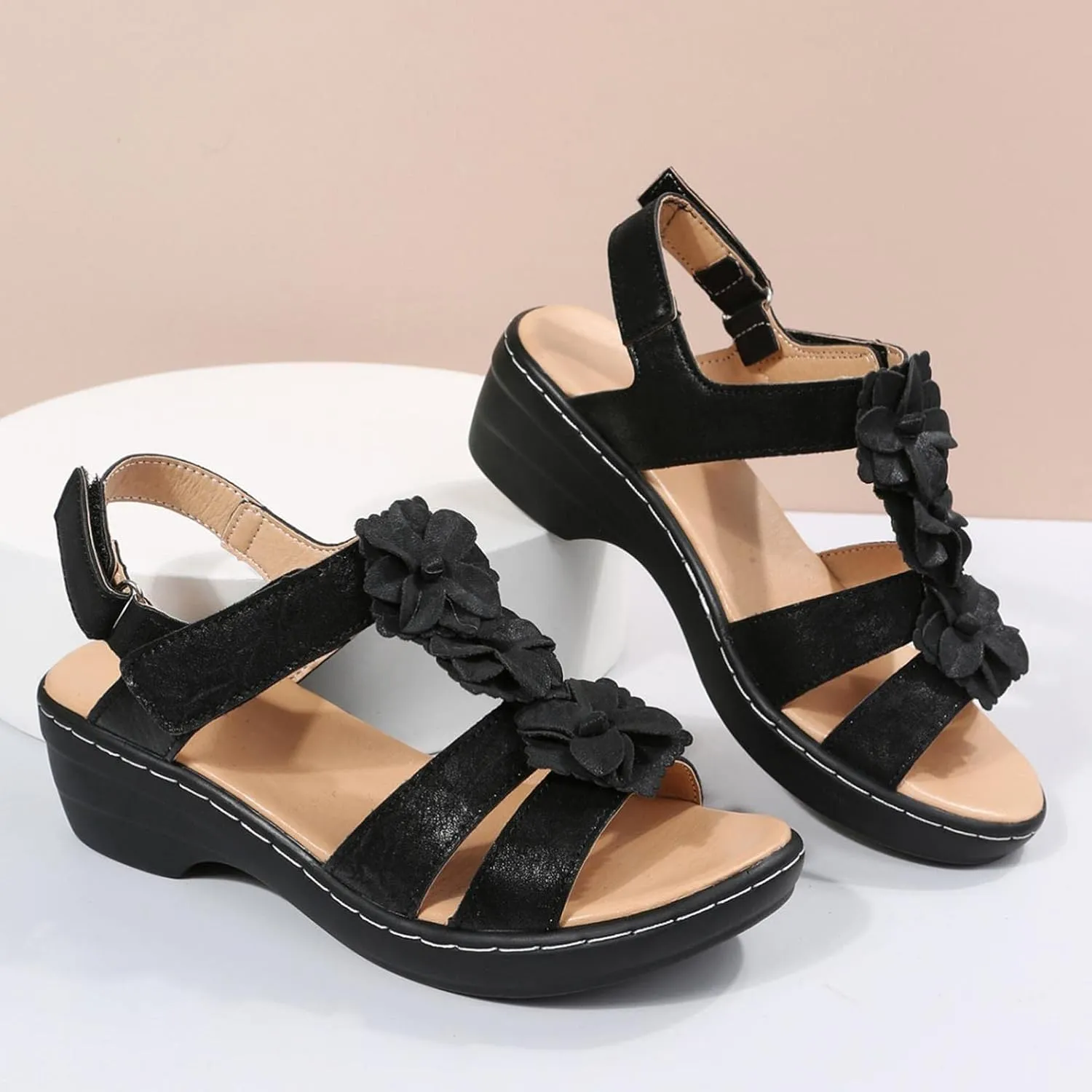 Hbeylia Sandals with Arch Support Wide Width,Womens Open Toe Platform Wedge Buckle Strap Sandals Summer Breathble Platform Flat Low Heel Dress Shoes Casual Sandal