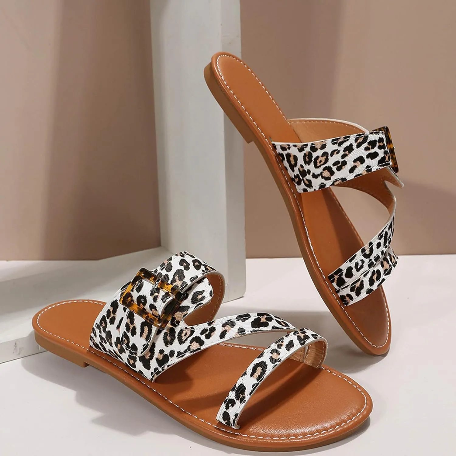 Hbeylia Womens Flats Sandals Summer Leather Gladiator Bohemian Dress Shoes Comfortable Open Toe Low Heeled Slip On Sandal Flip Flops