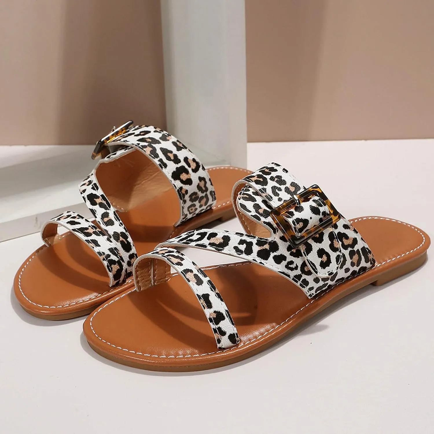 Hbeylia Womens Flats Sandals Summer Leather Gladiator Bohemian Dress Shoes Comfortable Open Toe Low Heeled Slip On Sandal Flip Flops