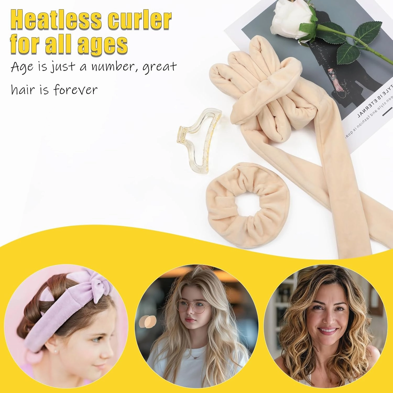 Heatless Curls Hair Curlers to Sleep in – Velvet No-Heat Overnight Curling Rod Headband Set for Long Hair, with Scrunchies & Clip, Wake Up to Beach Waves (Beige, Pack of 1)