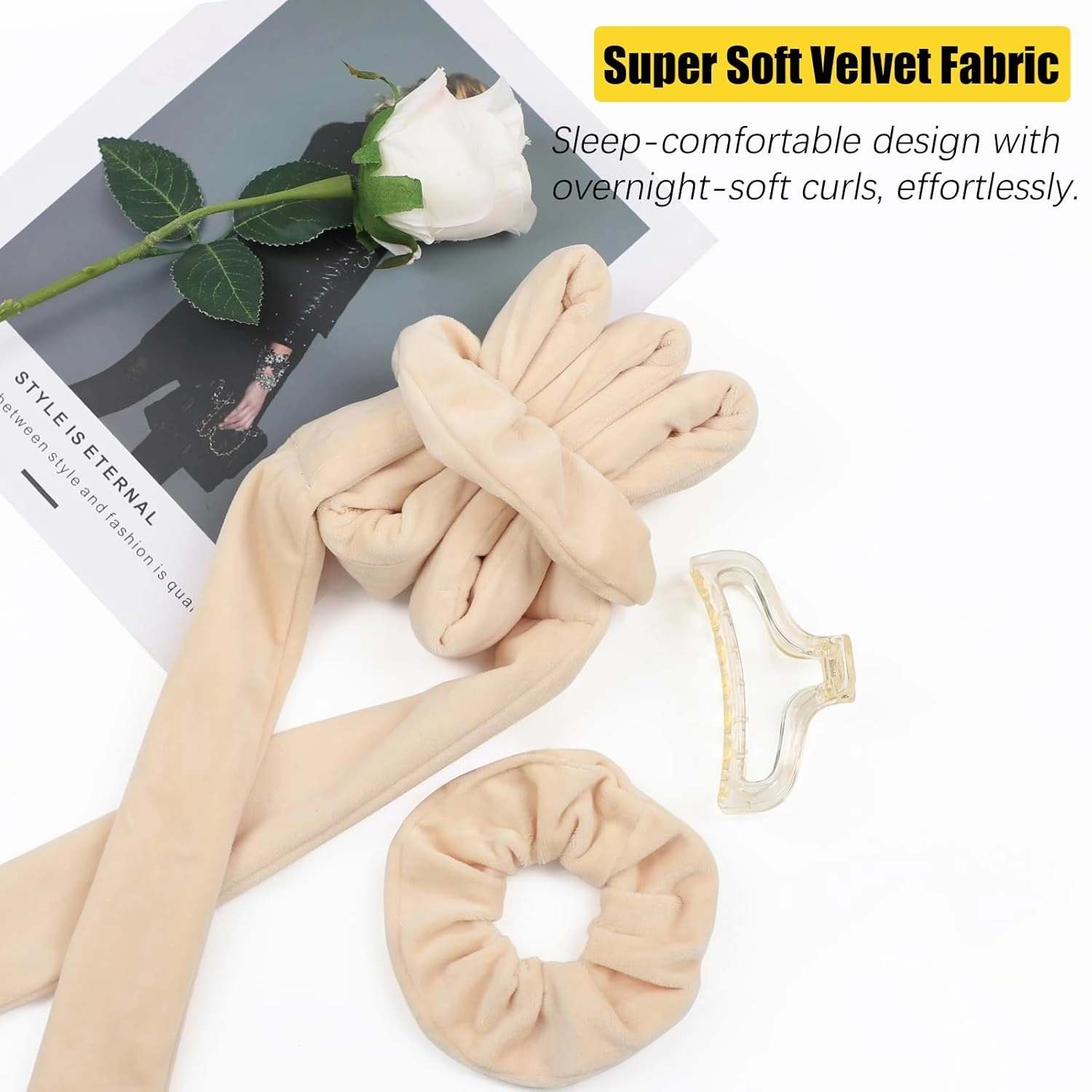 Heatless Curls Hair Curlers to Sleep in – Velvet No-Heat Overnight Curling Rod Headband Set for Long Hair, with Scrunchies & Clip, Wake Up to Beach Waves (Beige, Pack of 1)