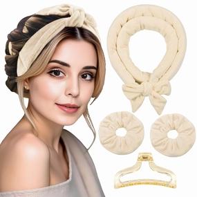 Heatless Curls Hair Curlers to Sleep in – Velvet No-Heat Overnight Curling Rod Headband Set for Long Hair, with Scrunchies & Clip, Wake Up to Beach Waves (Beige, Pack of 1)