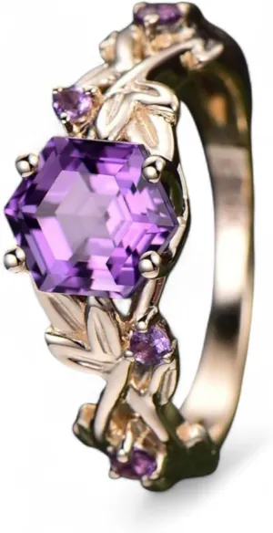 Hexagon Shape Amethyst Ring 14k Solid Gold Engagement Ring Nature Inspired Leaf Jewelry February Birthstone Jewelry Gift for Women