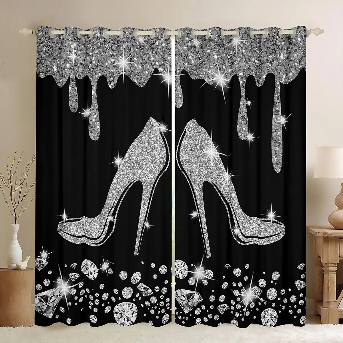 High Heels Curtain,Geometric Draperies for Boys Girls Teens,Diamond Window Treatment Curtains Home Decor,Gray Glitter Window Drapes for Living Room Bedroom,52Wx90L