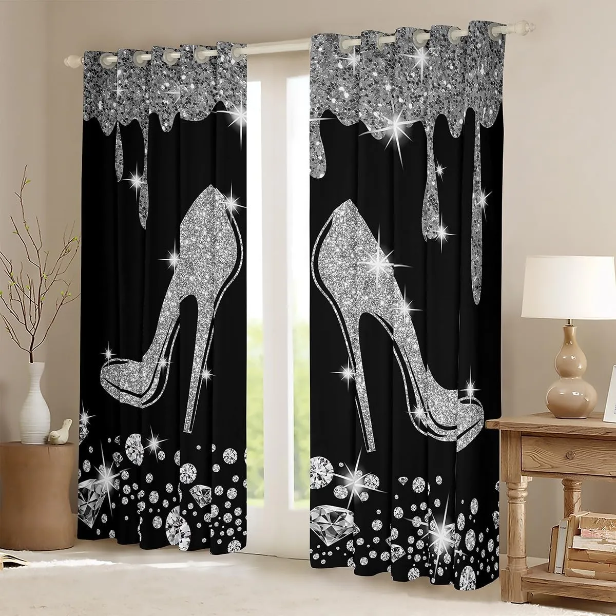 High Heels Curtain,Geometric Draperies for Boys Girls Teens,Diamond Window Treatment Curtains Home Decor,Gray Glitter Window Drapes for Living Room Bedroom,52Wx90L