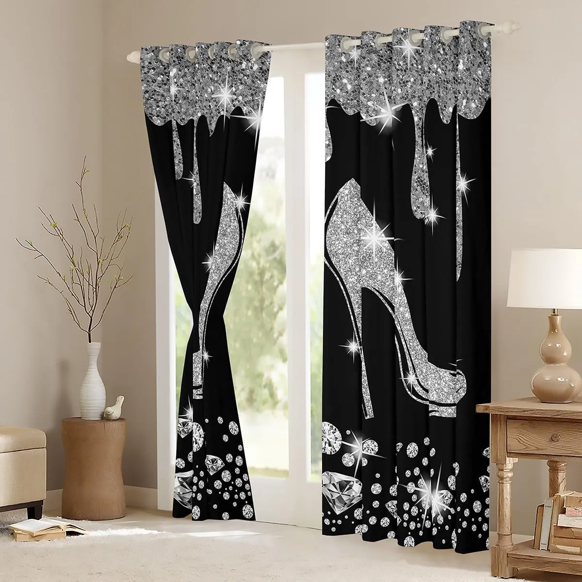 High Heels Curtain,Geometric Draperies for Boys Girls Teens,Diamond Window Treatment Curtains Home Decor,Gray Glitter Window Drapes for Living Room Bedroom,52Wx90L