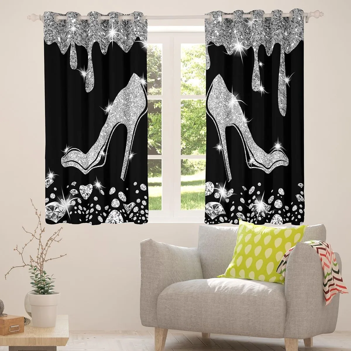 High Heels Curtain,Geometric Draperies for Boys Girls Teens,Diamond Window Treatment Curtains Home Decor,Gray Glitter Window Drapes for Living Room Bedroom,52Wx90L