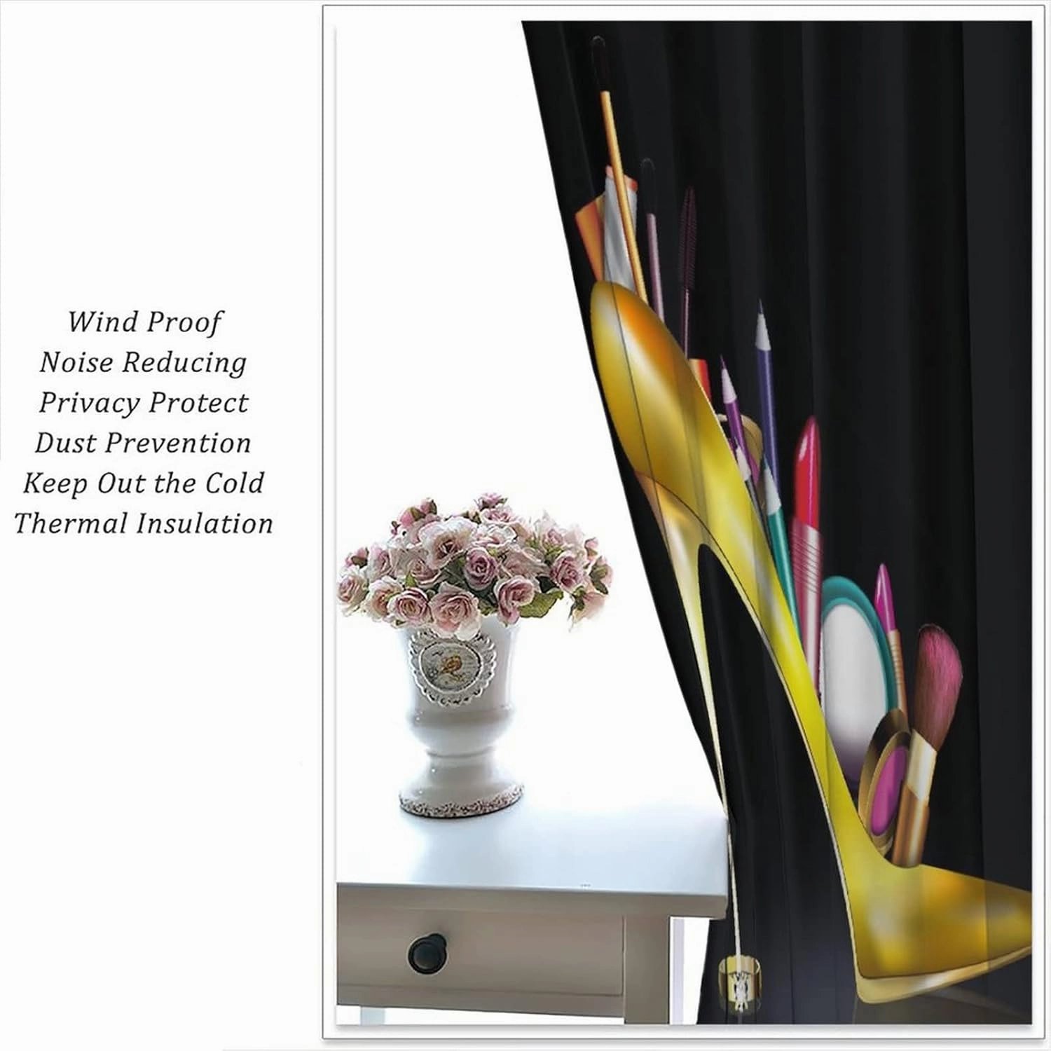 High Heels Window Curtains, Sexy Lips Gold Ladies Fashion Shoes Lipstick Cosmetics Room Darkening Rod Pocket Windows Door Curtain for Bedroom Living Room Home Decor 42x45in