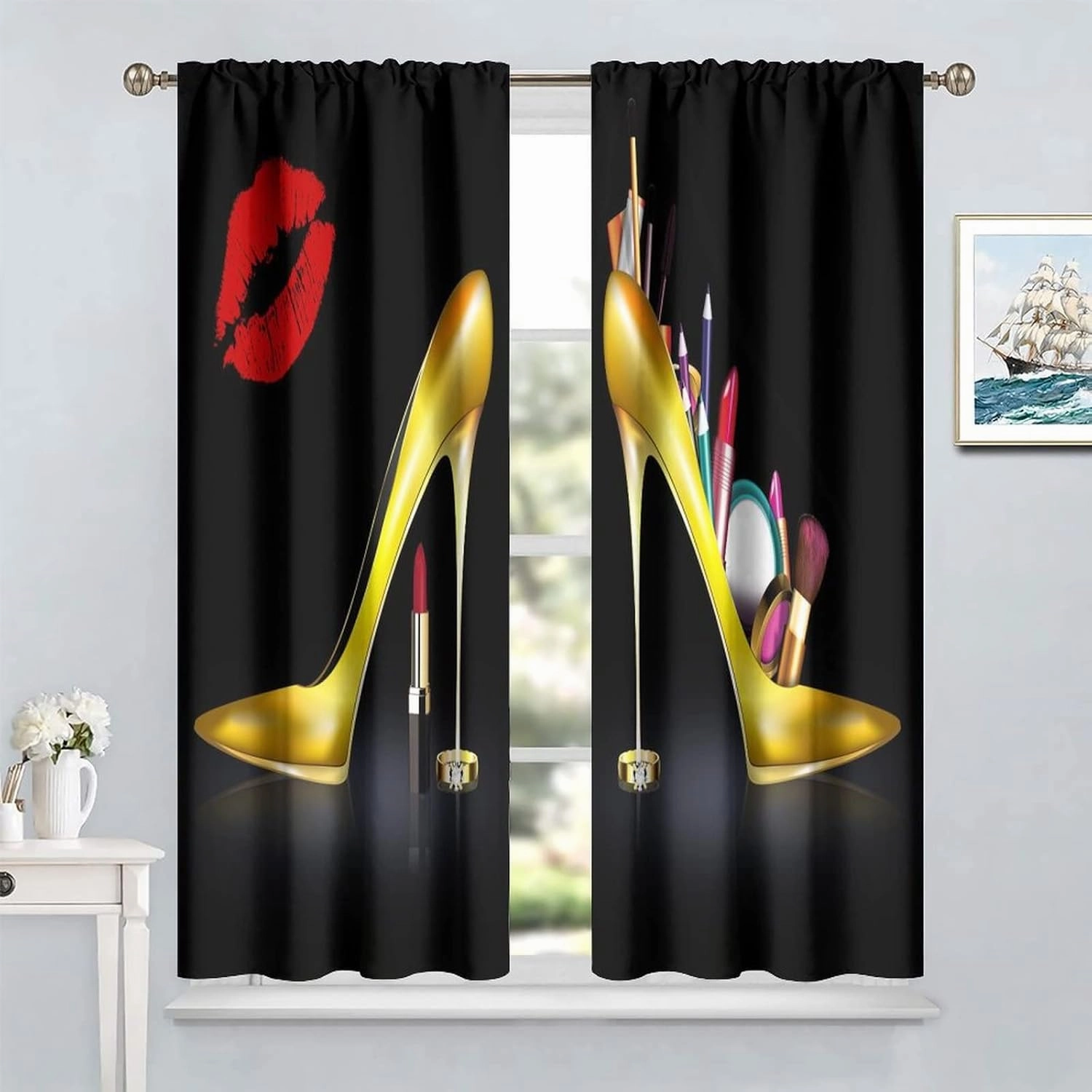 High Heels Window Curtains, Sexy Lips Gold Ladies Fashion Shoes Lipstick Cosmetics Room Darkening Rod Pocket Windows Door Curtain for Bedroom Living Room Home Decor 42x45in