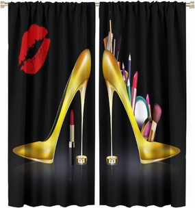 High Heels Window Curtains, Sexy Lips Gold Ladies Fashion Shoes Lipstick Cosmetics Room Darkening Rod Pocket Windows Door Curtain for Bedroom Living Room Home Decor 42x45in