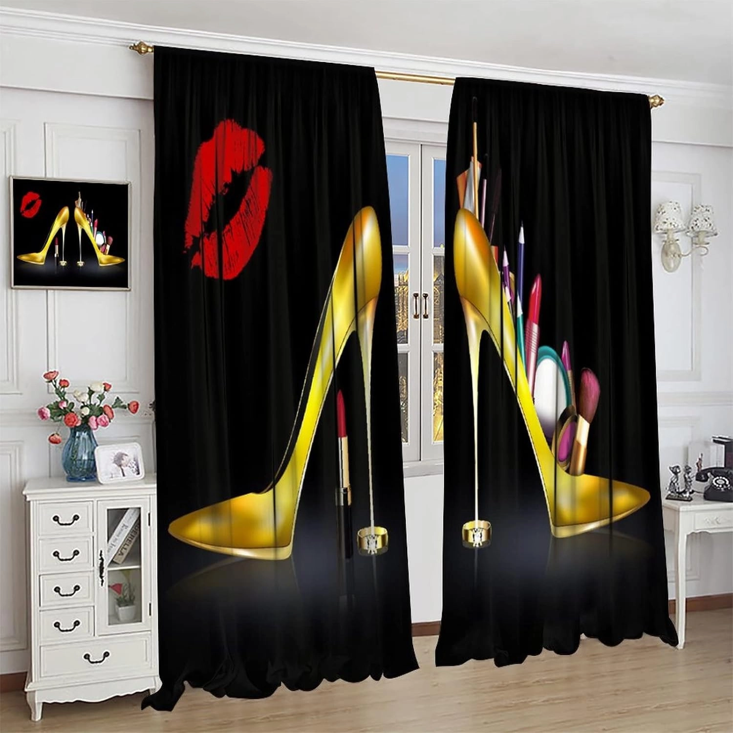 High Heels Window Curtains, Sexy Lips Gold Ladies Fashion Shoes Lipstick Cosmetics Room Darkening Rod Pocket Windows Door Curtain for Bedroom Living Room Home Decor 42x45in