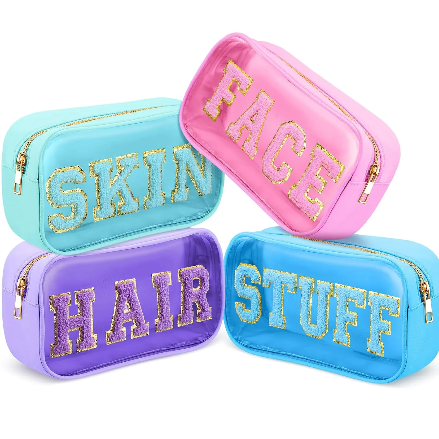 Hillban 4 Pieces Chenille Letter Cosmetic Bag Set Nylon PVC Clear Waterproof Makeup Pouch Stuff Hair Travel Bag Multi Purpose Aesthetics Toiletry Organizer for Women Gym Travel Beach (Light Colors)