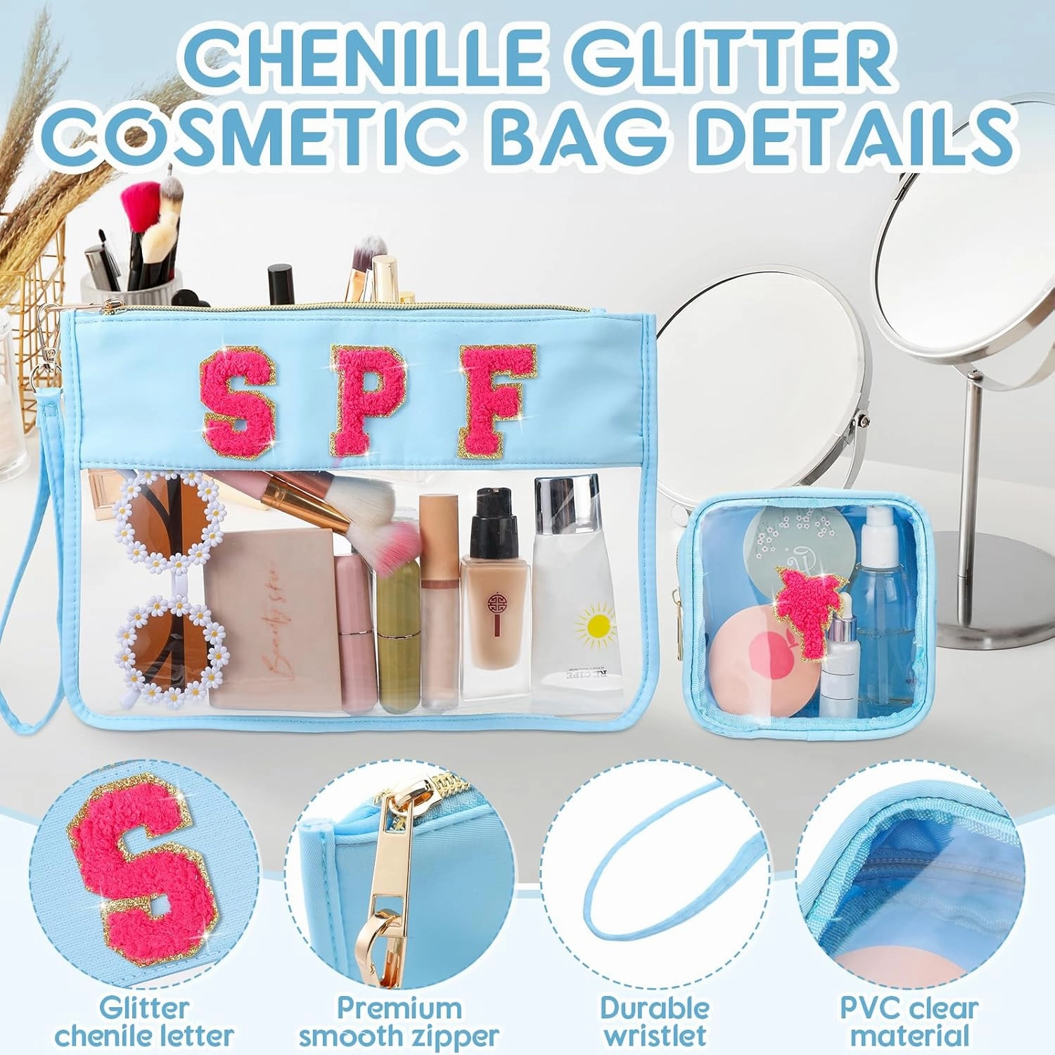 Hillban 2 Pcs Clear SPF Makeup Bag Chenille Letter Patch Sunscreen Bag Preppy Pouch Clear Cosmetic Toiletry Zipper Pouch Summer Beach Pool Sunscreen Purse