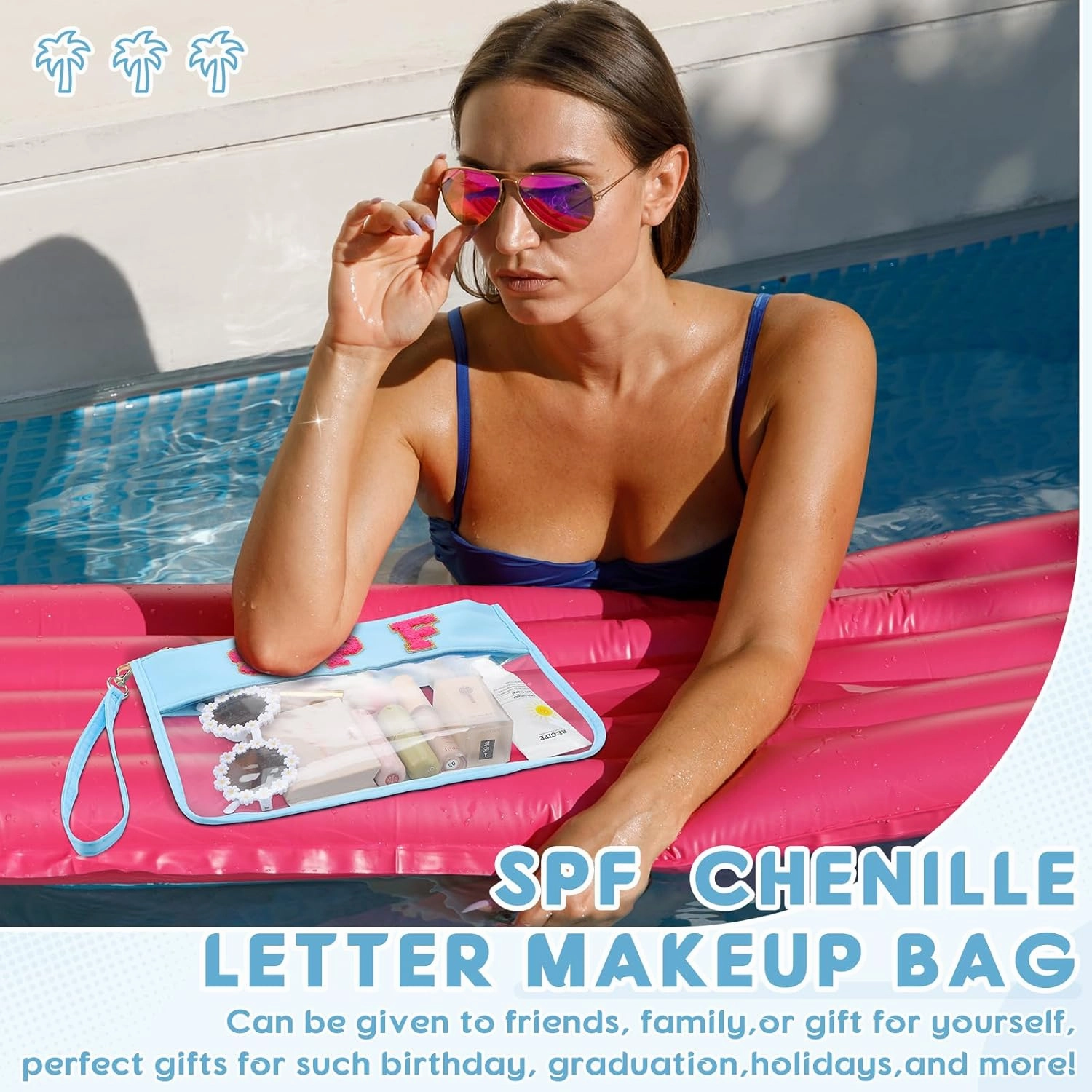 Hillban 2 Pcs Clear SPF Makeup Bag Chenille Letter Patch Sunscreen Bag Preppy Pouch Clear Cosmetic Toiletry Zipper Pouch Summer Beach Pool Sunscreen Purse