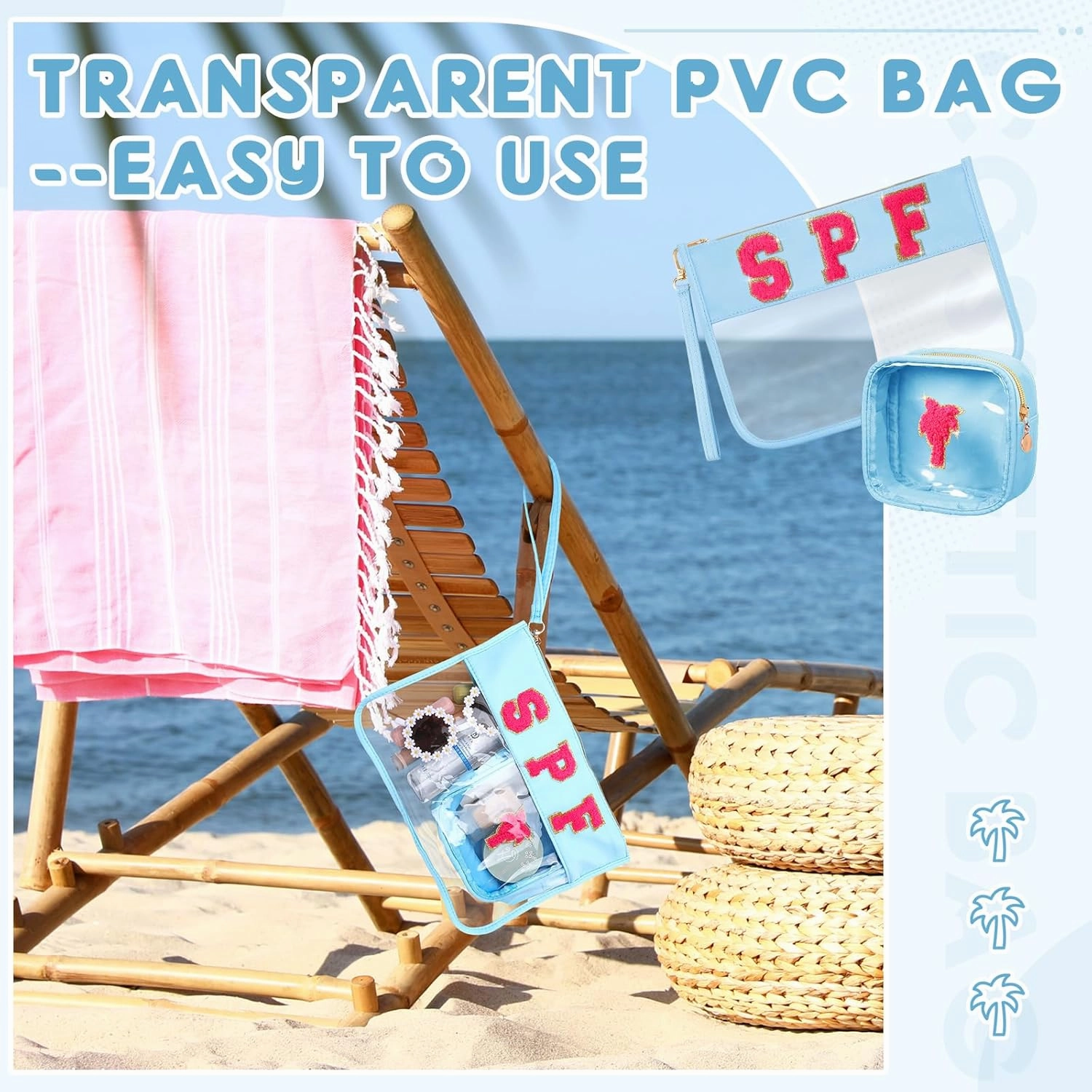 Hillban 2 Pcs Clear SPF Makeup Bag Chenille Letter Patch Sunscreen Bag Preppy Pouch Clear Cosmetic Toiletry Zipper Pouch Summer Beach Pool Sunscreen Purse