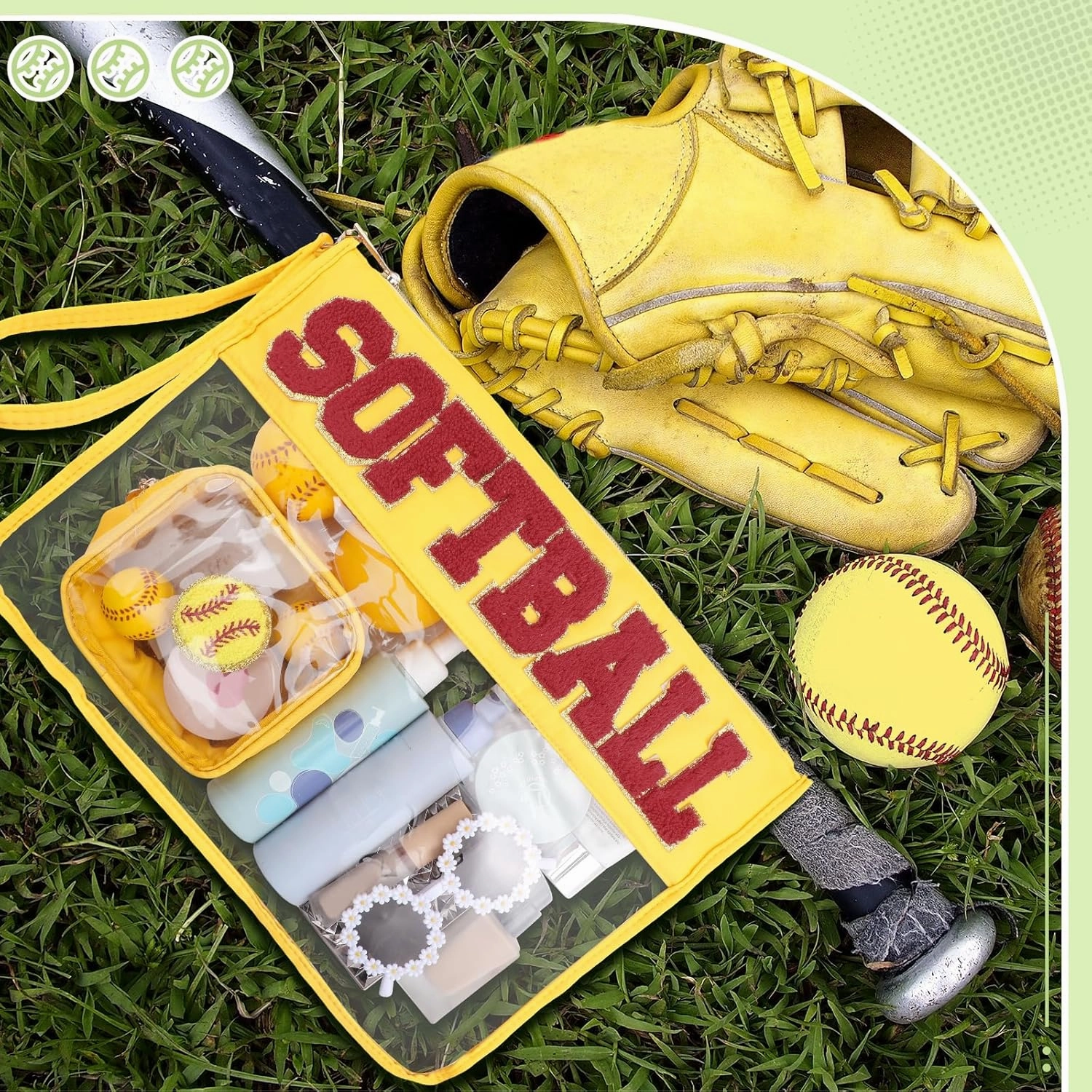 Hillban 2 Pcs Softball Team Gifts Makeup Cosmetic Bags Snack Goodie Bags Clear Toiletry Zipper Pouch Chenille Letter Travel Purse Softball Accessories for women Stuff Sport Party Storage case