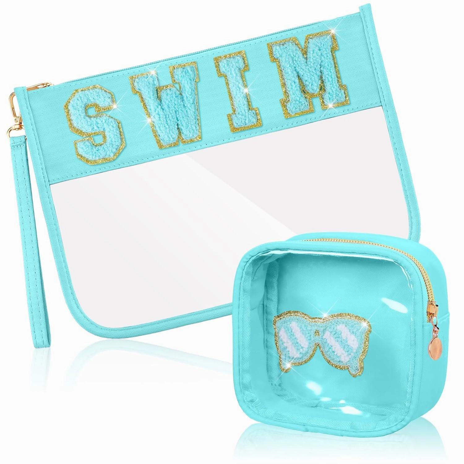Hillban 2 Pcs Swim Bag Chenille Letter Preppy Patch Makeup Pouch Flat Clear Pouch PVC Organizer Purse Waterproof Travel Cosmetic Bags Pool Swim Coach Team Gifts for Women