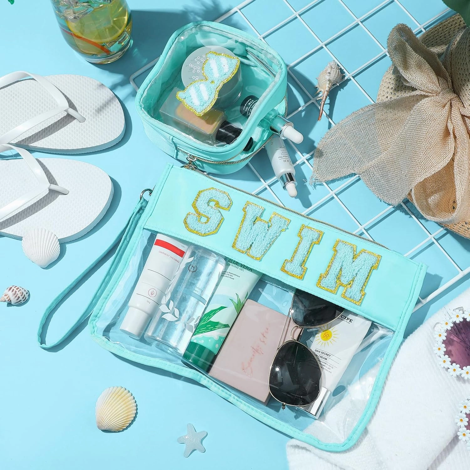 Hillban 2 Pcs Swim Bag Chenille Letter Preppy Patch Makeup Pouch Flat Clear Pouch PVC Organizer Purse Waterproof Travel Cosmetic Bags Pool Swim Coach Team Gifts for Women