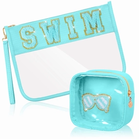 Hillban 2 Pcs Swim Bag Chenille Letter Preppy Patch Makeup Pouch Flat Clear Pouch PVC Organizer Purse Waterproof Travel Cosmetic Bags Pool Swim Coach Team Gifts for Women
