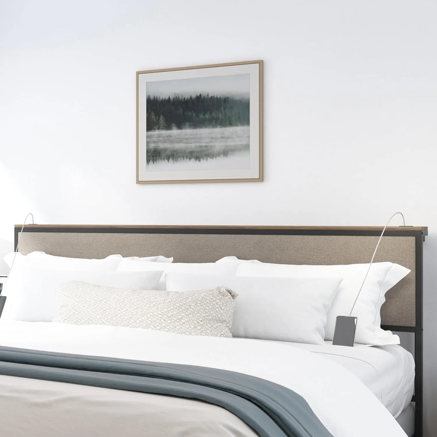 Hillsdale, Crawford Metal and Upholstered King Headboard with USB Ports, Textured Black/Beige